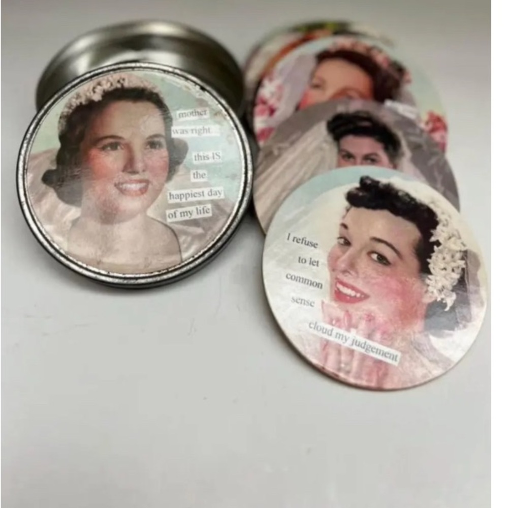 Vintage 6 Blushing Bride Coasters In Metal Tin By Anne Taintor/Cork Coasters